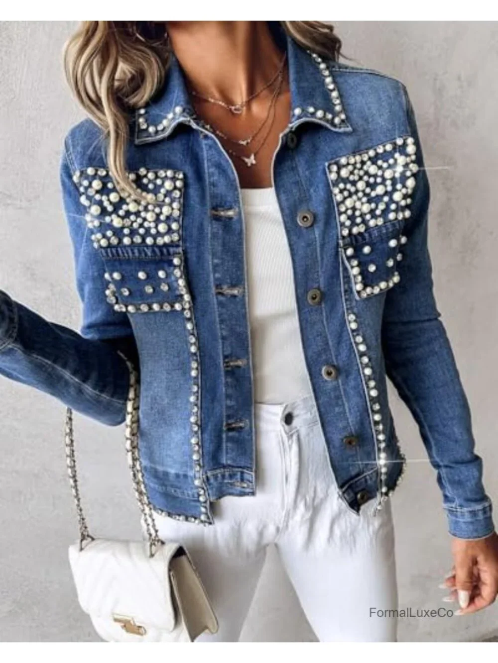 Pearls Denim Jacket Cropped Rhinestone Button Down Jean Coat